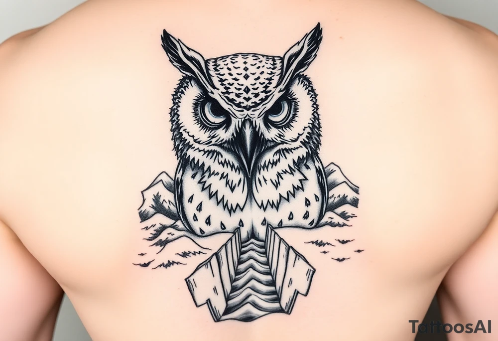 Masked owl overlooking a trench with waves in the background tattoo idea