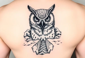 Masked owl overlooking a trench with waves in the background tattoo idea