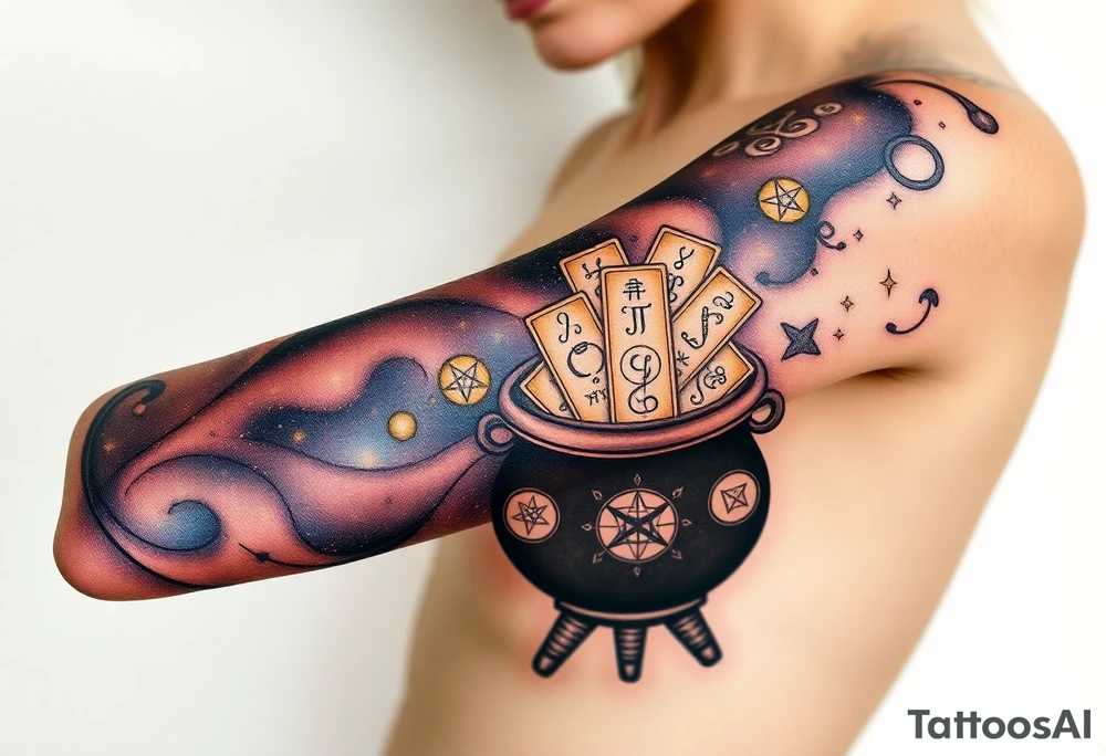 Milky way galaxy filled with zodiac symbols runes tarot cards coming out of a cauldron tattoo idea