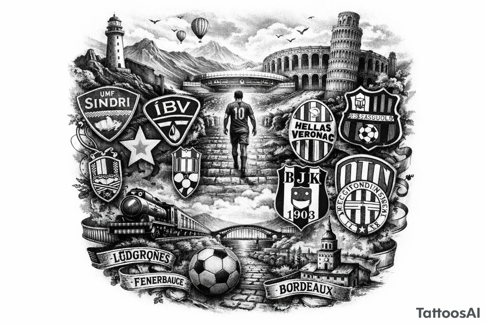 Iceland x3 (sindri, ibv, stjarnan) Italy x2 (Verona, Sassuolo) Spain (Logrono) Turkey x2 (Fenerbahce, Besiktas) Hungary (Fradi) France (Bordeaux) Something to do with football journey, surreal style to fit on arm tattoo idea