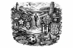 Iceland x3 (sindri, ibv, stjarnan) Italy x2 (Verona, Sassuolo) Spain (Logrono) Turkey x2 (Fenerbahce, Besiktas) Hungary (Fradi) France (Bordeaux) Something to do with football journey,  surreal style to fit on arm tattoo idea