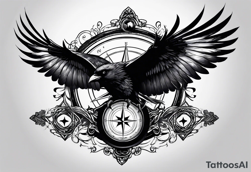 flying crow with compass and two wings tattoo idea