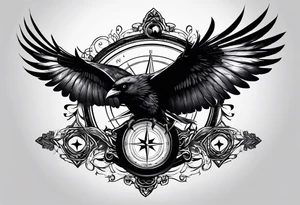 flying crow with compass and two wings tattoo idea