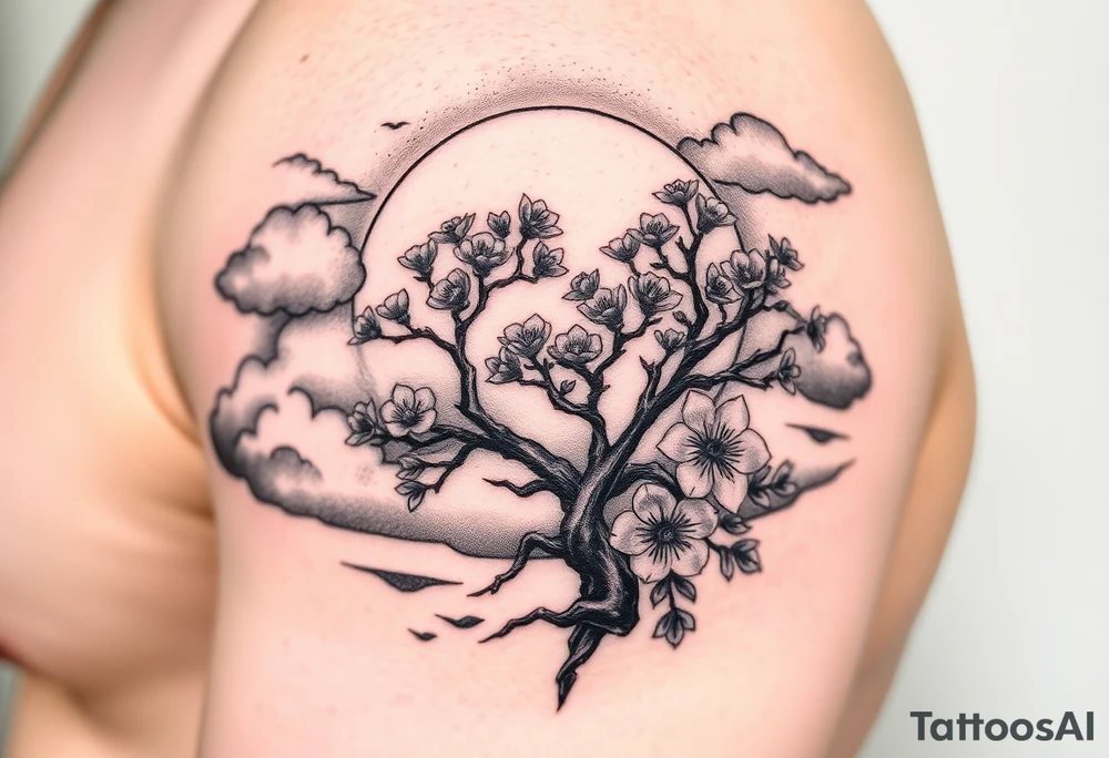 faded sun surrounding by clouds, big tree blooming with flowers tattoo idea