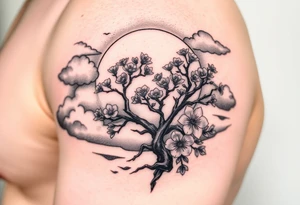 faded sun surrounding by clouds, big tree blooming with flowers tattoo idea