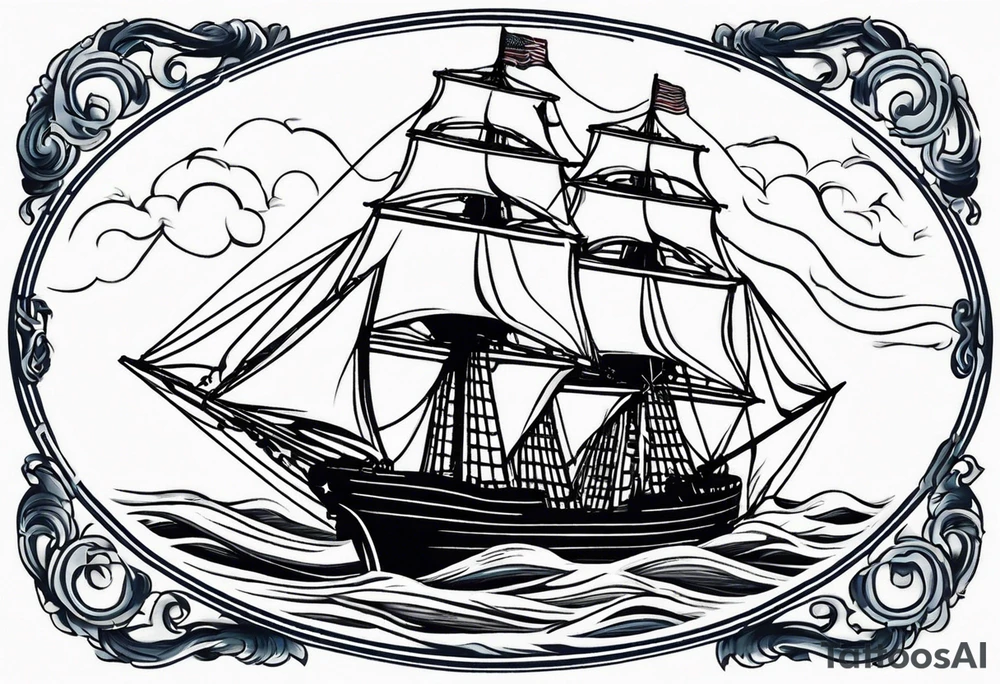 ship in rough seas, front porfile, in oval with rope border, super imposed over crossed cannons, banner at bottom that says US Navy tattoo idea