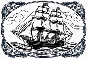 ship in rough seas, front porfile, in oval with rope border, super imposed over crossed cannons, banner at bottom that says US Navy tattoo idea