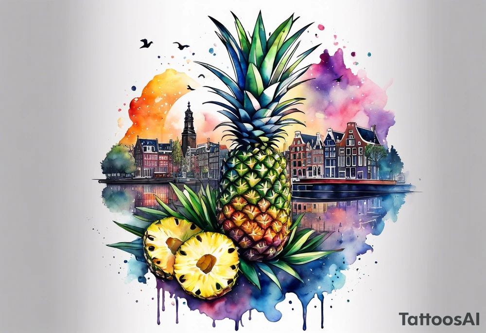 Watercolour tattoo featuring glass, animals in sections of pineapple, pineapples, space and Amsterdam houses, Amsterdam canal using galaxy colours featuring animals and birds, pineapples tattoo idea