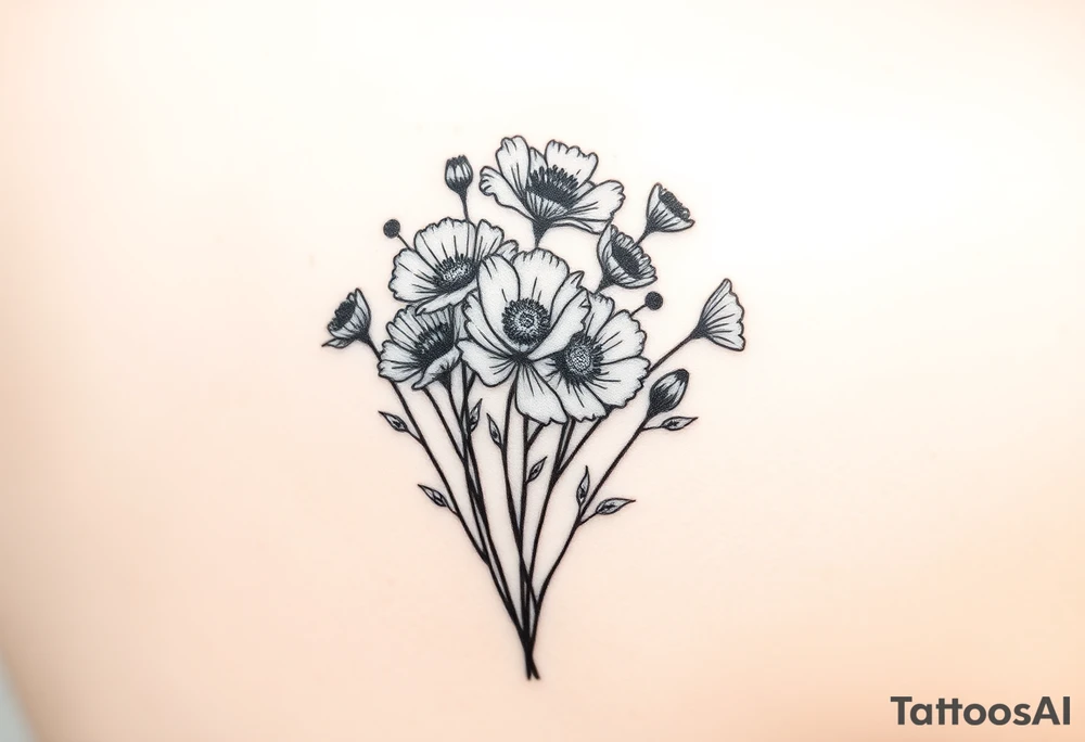 A cluster of wildflowers or poppies, with solid black shadows at the base and lighter stippling toward the petals. Some flowers can be in full bloom while others start to wilt or fall apart, symbolizing the passage of time. tattoo idea