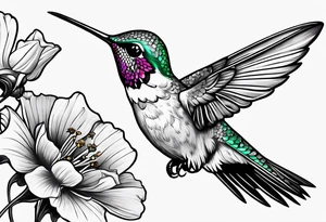 A lively hummingbird in mid-flight, sipping nectar from a flower, representing joy and energy.” tattoo idea