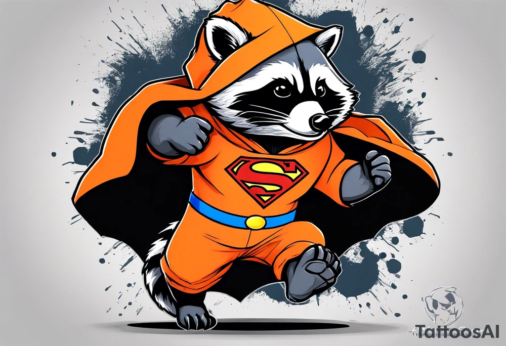 Raccoon wearing an orange Superman hoodie tattoo idea