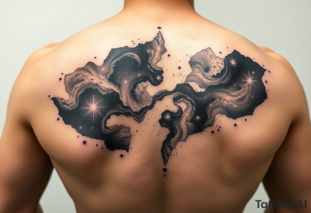 Beautiful and epic 3d milky way that appears to be what is beneath the skin. Make it drape over the shoulder and move to the middle back. use negative spaces to create stars and dust. Incorporate God breathing life into the universe. IKeep it symmetrical tattoo idea