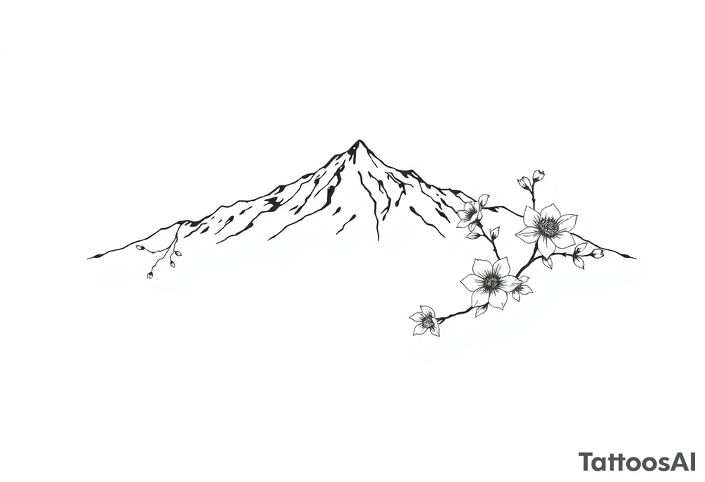 An elongated mountain range with vines and dogwood flowers tattoo idea