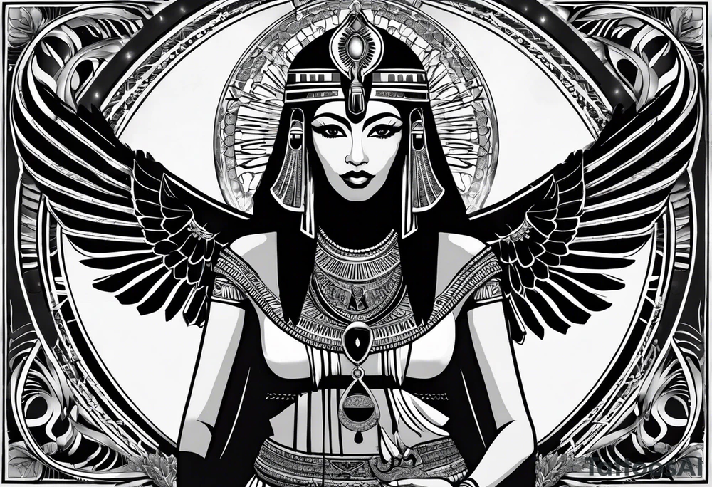black and white Egyptian goddess Isis, who is often depicted as a woman with outstretched wings, holding an ankh (a symbol of life) in one hand and a lotus flower in the other. Her headdress often includes a throne or a solar disk. The tattoo design can vary in style and size, but it typically aims to capture the essence of this revered Egyptian deity, emphasizing her beauty, power, and maternal qualities. The choice of colors and additional elements can also be customized to create a unique and visually striking representation of the goddess Isis tattoo idea