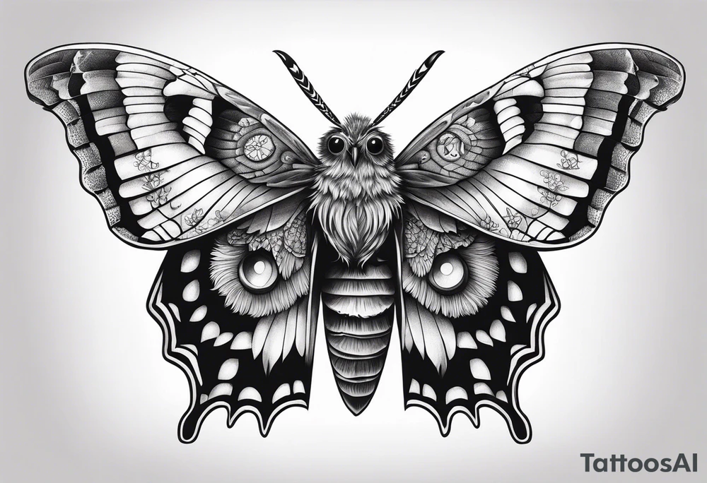 Dead head moth with long wings and owl eyes tattoo idea