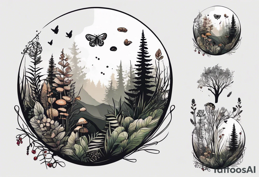 forest floor inspired minimalist tattoo, which includes grass, curly ferns, moss and dead leaves as the bulk of the tattoo. details to include: forest berries, a tiny bumblebee flying nearby, three small brown mushrooms
Generate a vertically long one tattoo idea