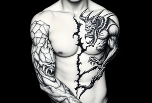 Battle for the souls, good on one side of body and evil on other , internal conflict, inner demons tattoo idea