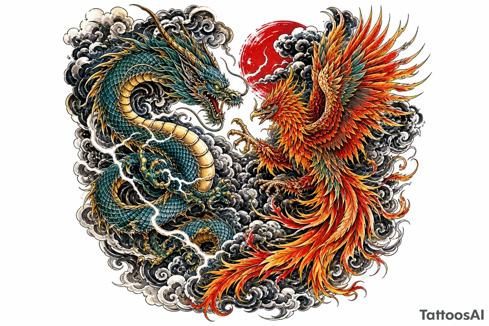 Japanese dragon and phoenix battling amidst dark storm clouds. tattoo idea