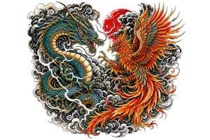 Japanese dragon and phoenix battling amidst dark storm clouds. tattoo idea