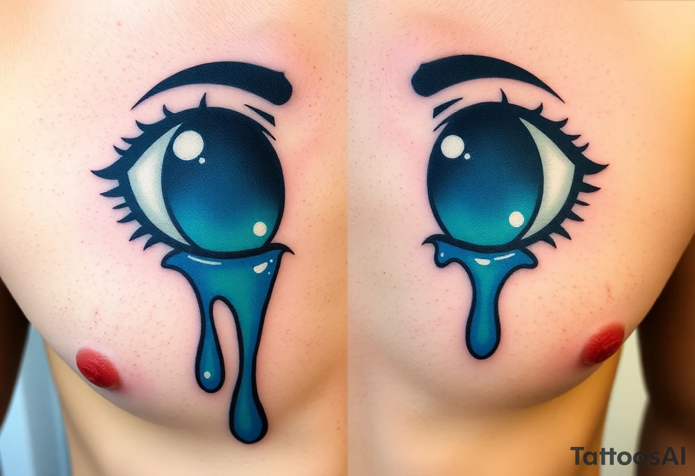 teary eyes with dripping teardrops colored in deep blues and greens, with a faint reflection of the night sk tattoo idea