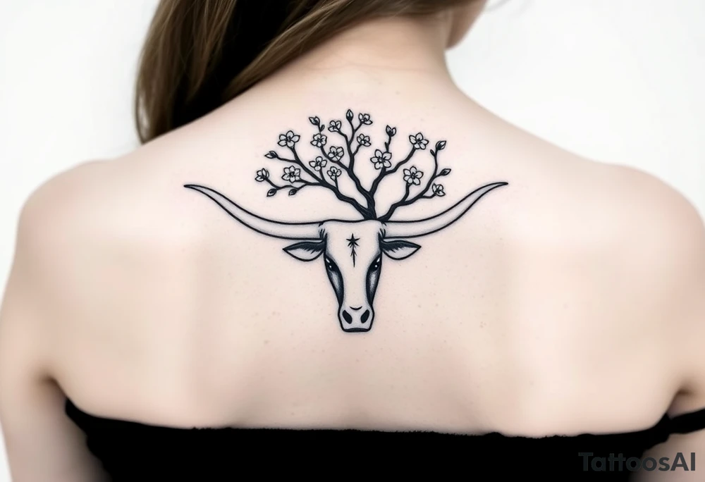 Texas Longhorn with tree growing out of it with flowers blooming tattoo idea