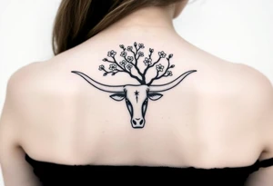 Texas Longhorn with tree growing out of it with flowers blooming tattoo idea
