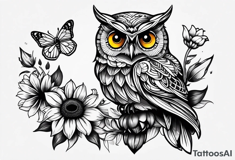 Small owl.with sunflowers and butterflies tattoo idea