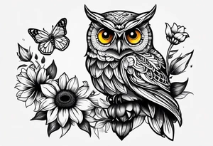 Small owl.with sunflowers and butterflies tattoo idea
