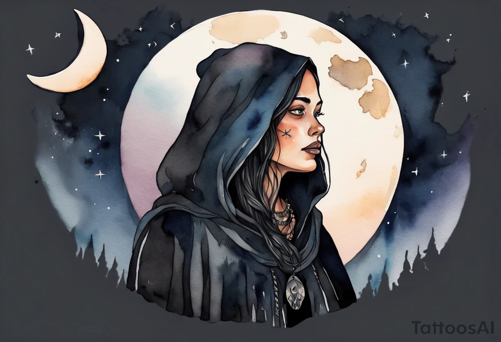 Watercolor of a Dakota woman with a black cloak, standing before the night sky with a crescent moon, a raven on her shoulder tattoo idea