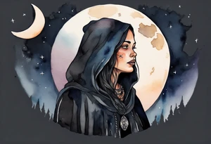 Watercolor of a Dakota woman with a black cloak, standing before the night sky with a crescent moon, a raven on her shoulder tattoo idea