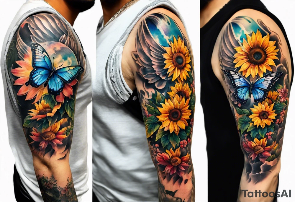 Sleeve with angel wings, sunflower and butterfly tattoo idea