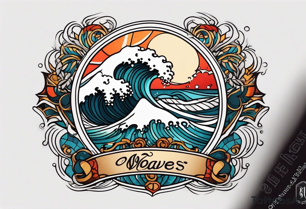 vintage traditional tattoo of waves 
within a circle and banner across bottom tattoo idea
