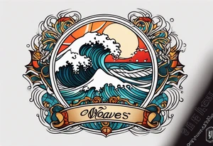vintage traditional tattoo of waves 
within a circle and banner across bottom tattoo idea