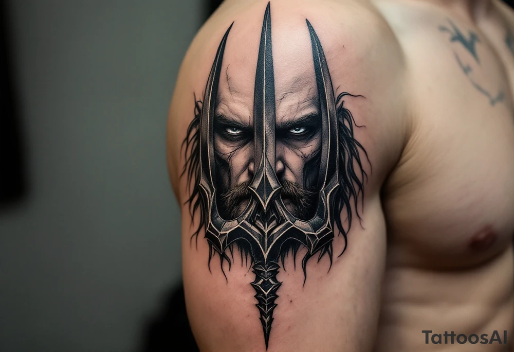 close-up face behind a trident tattoo idea