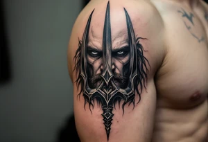 close-up face behind a trident tattoo idea