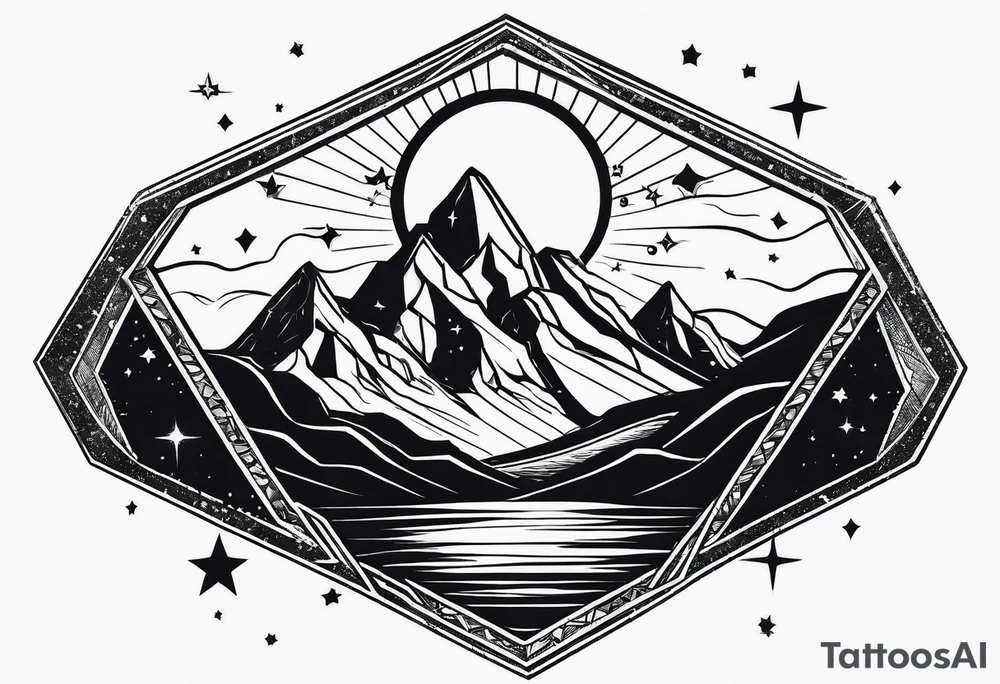 Mountains in a diamond with planets and stars in the background outside the shape tattoo idea