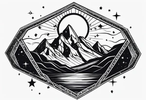 Mountains in a diamond with planets and stars in the background outside the shape tattoo idea