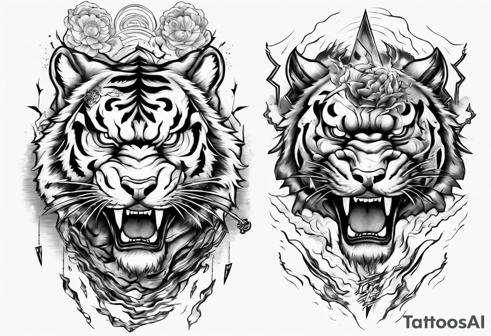 Tiger warrior with lightning and the sun for a forearm sleeve tattoo idea