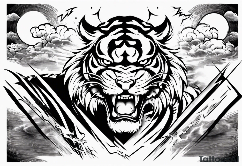 tiger warrior with lightning and the sun for a forearm sleeve tattoo idea