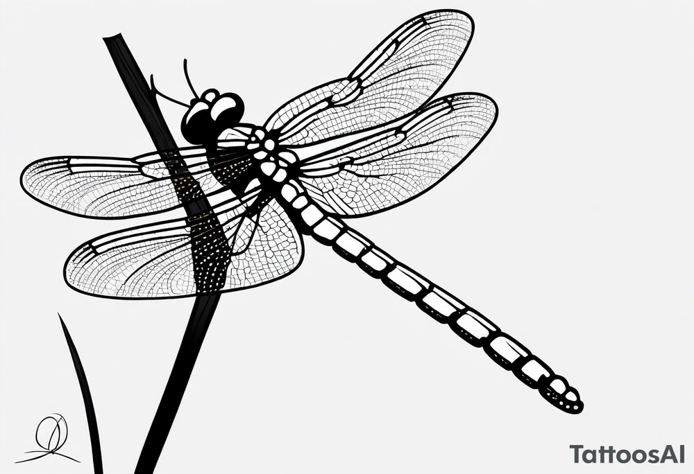 A minimalist dragonfly perched on a daffodil flower. Let the daffodil flower be minmqlist and have yellow lines. Let the stem of the flower extend downwards and instead of the stem write "muadil" in cursive tattoo idea