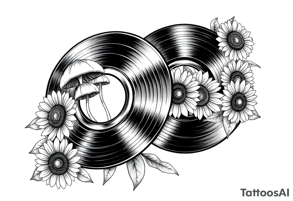 two overlapping vinyl records with mushrooms and sunflowers tattoo idea