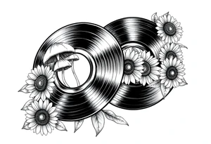 two overlapping vinyl records with mushrooms and sunflowers tattoo idea