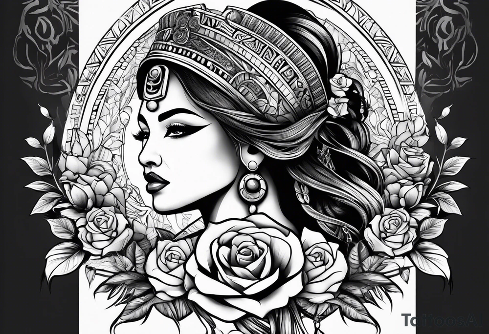 Mayan princess with roses & desert tattoo idea