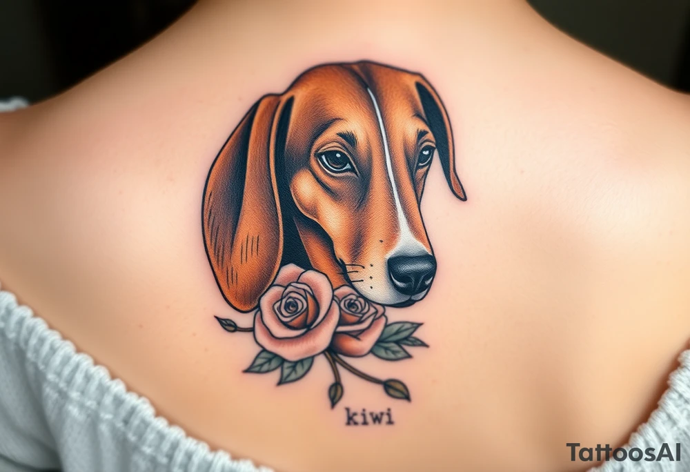 female  hound dog brown  Brindle with white strip going up snout   Slightly off center dog with the name kiwi . And a tiny rose around her . With her ears pointy a little big tattoo idea