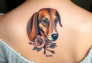 female  hound dog brown  Brindle with white strip going up snout   Slightly off center dog with the name kiwi . And a tiny rose around her . With her ears pointy a little big tattoo idea