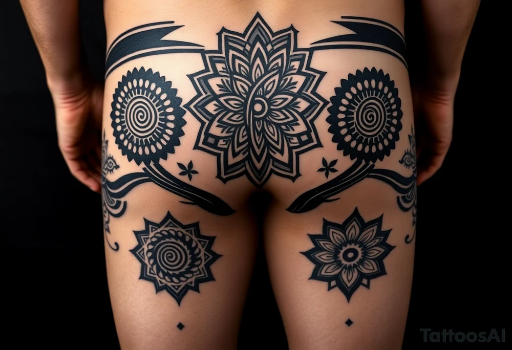 Blackwork geometric tattoo on male lower body, both thighs fully 
covered, buttocks and lower back, large central mandala on lower back 
flowing into glutes, double spiral motif on each buttock cheek, 
spiral black bands wrapping diagonally around thighs, alternating 
fill patterns per zone: dotwork floral geometry on outer thigh, 
hexagonal star patterns on inner thigh, massive black background 
areas, fine ornamental cutouts, seamless full coverage with no gaps, 
pure black ink, no grey wash, photorealistic tattoo photography, 
dark background tattoo idea