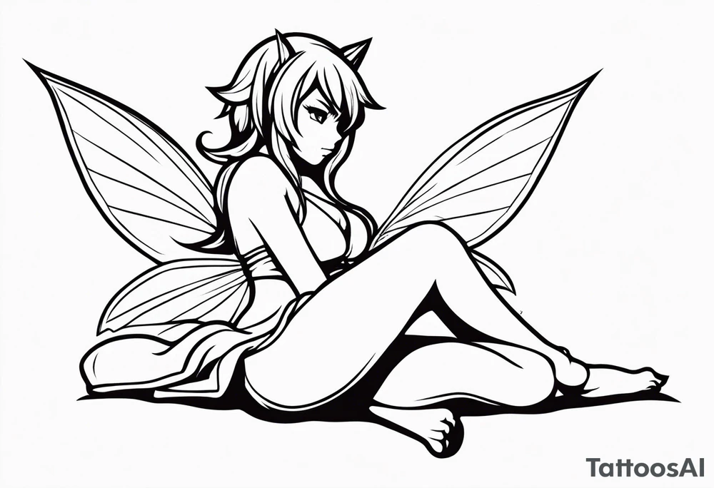 No color fairy with a tail inspired by the logo of the anime show called Fairy Tail in a fetal position leaning in and forward while sleeping tattoo idea