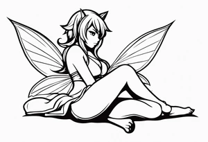No color fairy with a tail inspired by the logo of the anime show called Fairy Tail in a fetal position leaning in and forward while sleeping tattoo idea