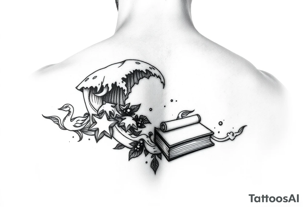 A black and white tattoo that will go on side of the wrist. This is for someone who loves ocean, travel and books. tattoo idea
