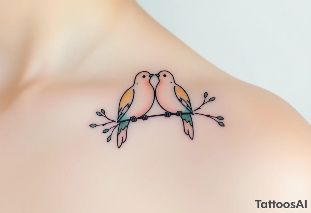 A pair of collared doves perched on intertwined branches, with shades of soft beige, pale blue, and subtle touches of green tattoo idea